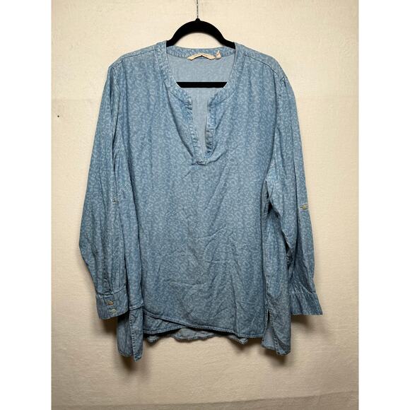 Soft Surroundings Chambray Animal Print Leopard Long Sleeve Roll Tab Blouse 2X - Picture 1 of 5